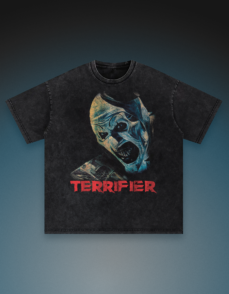 250gsm vintage oversized loose fit snow washed horror art the clown terrifier tshirt