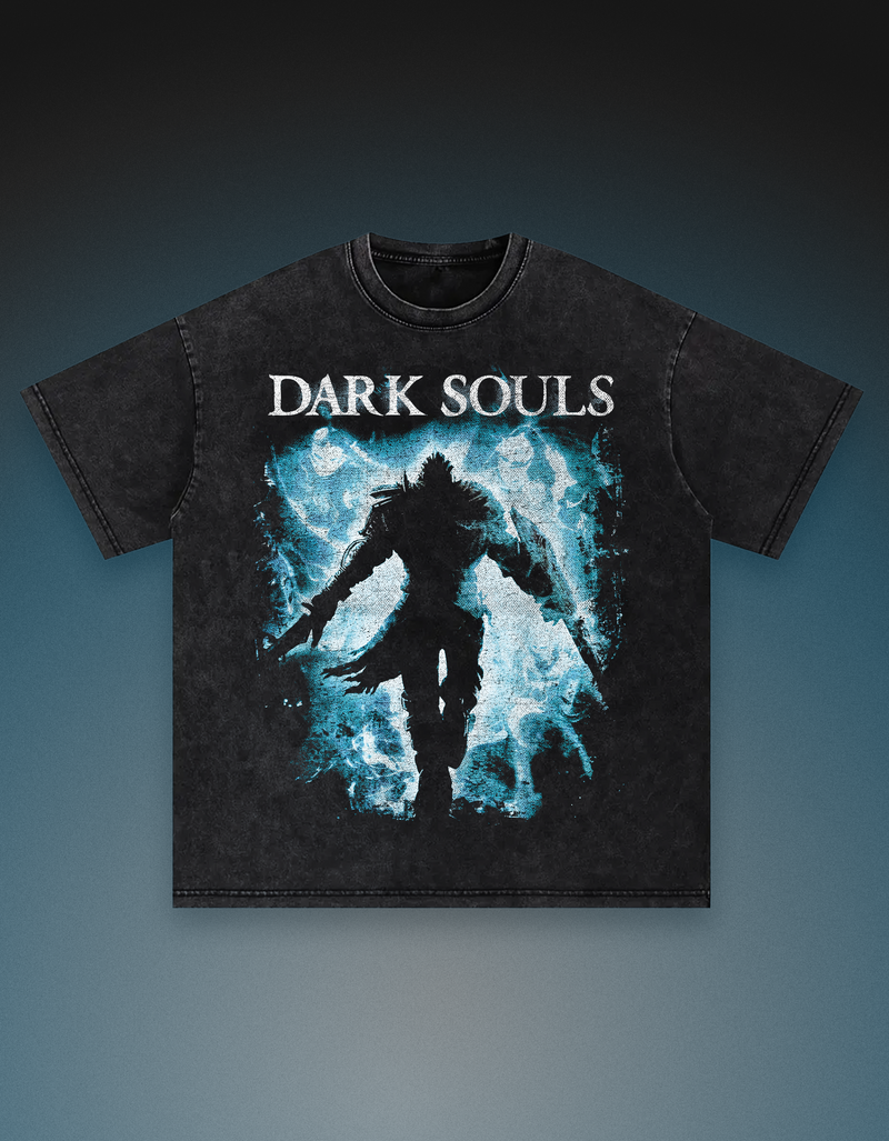 Dark souls video game graphic print vintage tshirt snow wash loose fit oversized drop shoulder streetwear