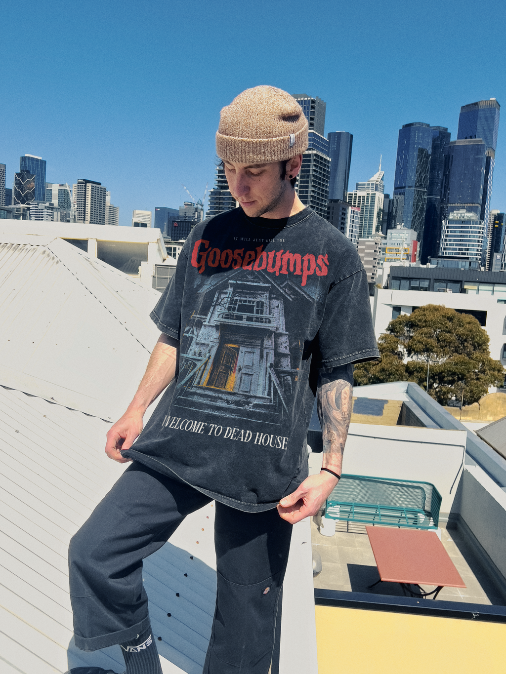 250gsm heavyweight goosebumps tv show graphic print tshirt snow wash