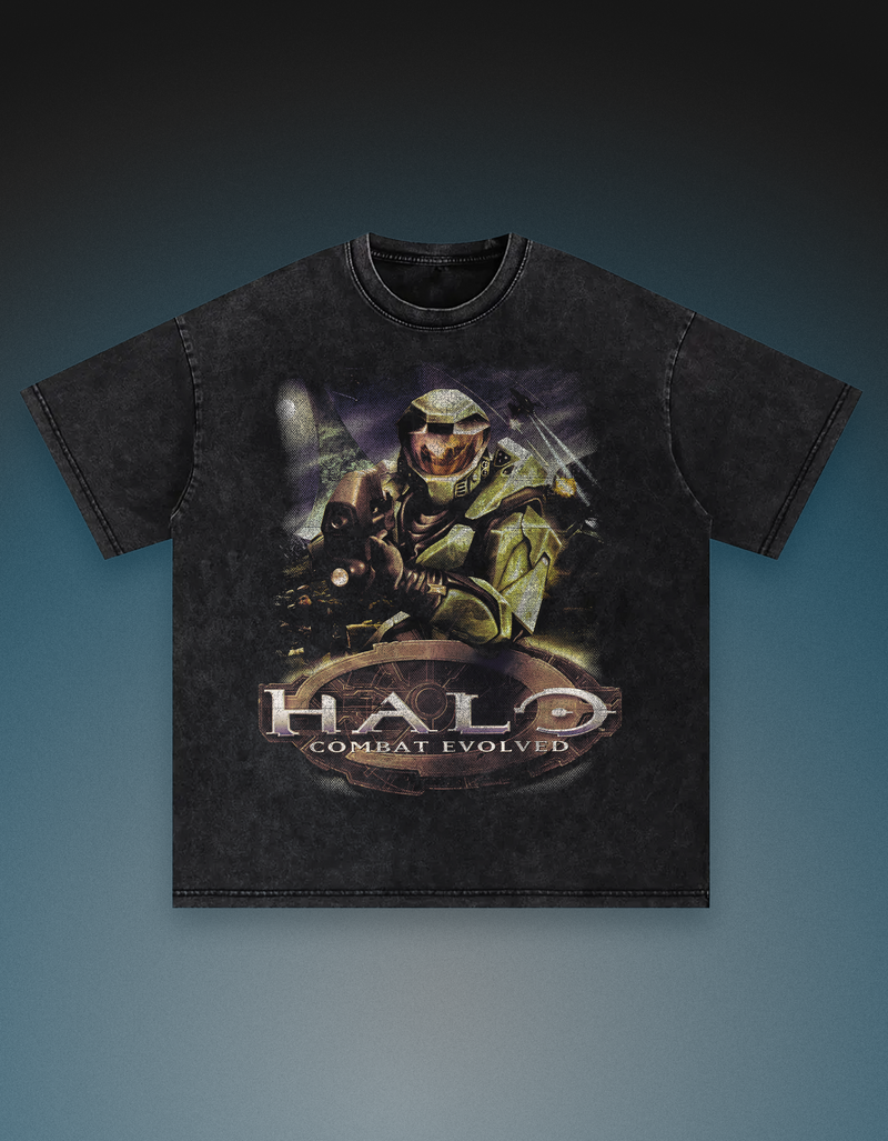 Heavyweight oversized halo combat evolved 250gsm vintage tshirt snow wash loose fit drop shoulder streetwear